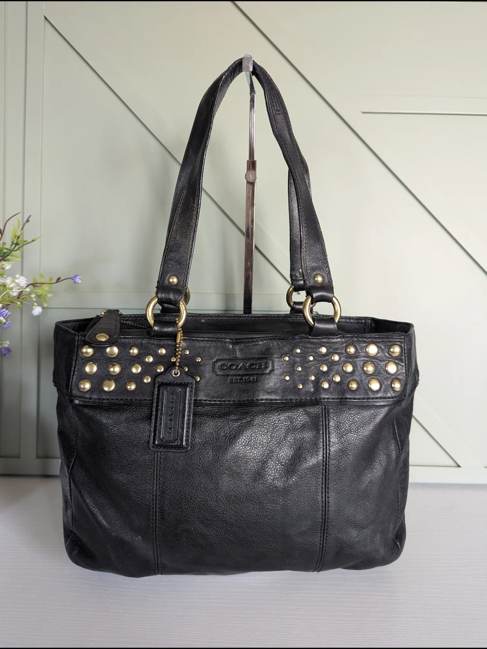 Coach Black Leather Shoulder Bag with Gold Stud Accents